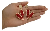 Comprar Aros Corazon Largo Tono Piedras Rojo Baño Oro 18 K 
