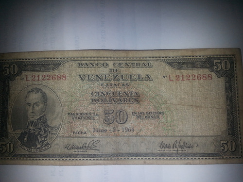 Billete 50 Bolivares Año 1964 Serial L-2 Excelente  Estado