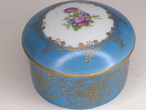Cofre Porcelana Limoges Con Dibujo Central De Flores En Azul