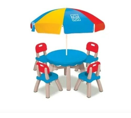 Imagen 3 de 5 de Mesa Picnic Niños Mesita 4 Bancas Y Sombrilla Multicolor