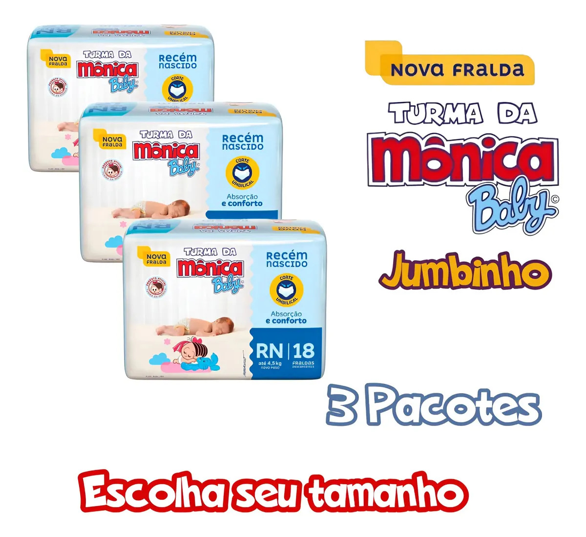 Kit Com 3 Pacotes De Fralda Turma Da Monica Baby jumbinho Tamanho RN