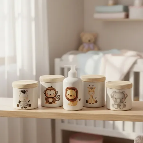 Kit Higiene Bebê Safari  5 Pçs  - Peças Porcelana Tampa Pinus