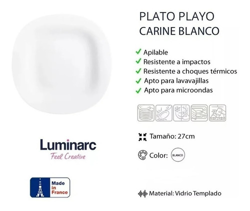 Set X 6 Plato Playo Carine Luminarc Calidad Vidrio Templado