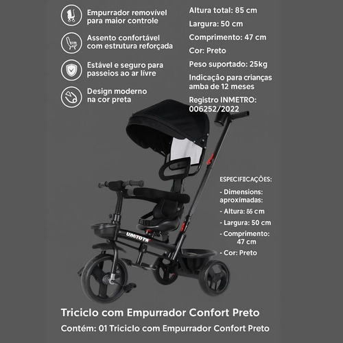 Triciclo Com Empurrador Confort Infantil Bebê - Preto