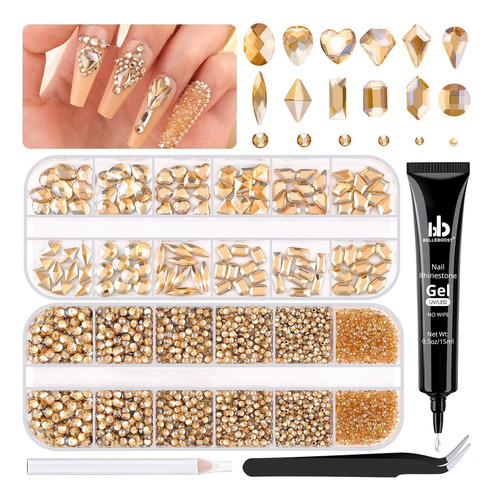Belleboost Set De Uñas Con Cristales Dorados Y Diamantes De