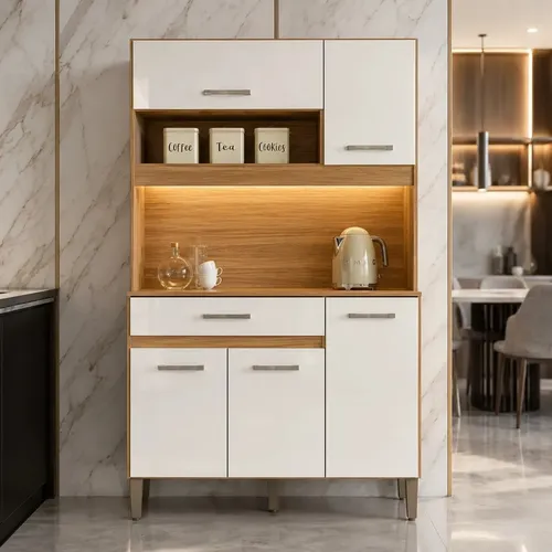 Kit Armário De Cozinha Compacto Magazine Com 5 Portas E 1 Gaveta Multiuso E Bancada Multifuncional Organizador Design Moderno Cor Freijó Off White