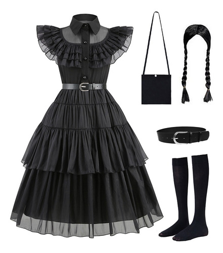 Vestido De Wednesday Merlina Addams Para Niñas, Disfraz De