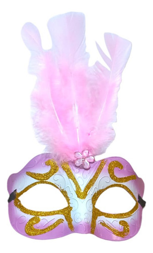 Máscara Carnaval Veneza C/ Glitter E Pena - Ref: 9491 Cor Rosa-claro