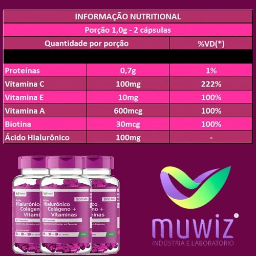 Kit 2 Ácido Hialurônico + Colágeno + Vit 60 Caps 500mg Muwiz