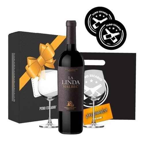 Box Vino La Linda Malbec Estuche + 2 Copas Set Regalo