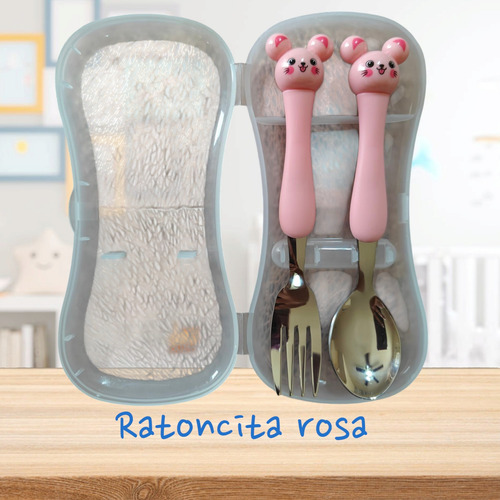 Juego Cubiertos Cuchara Tenedor Infantil Acero Inox 3 Pzs Rosa Ratoncita