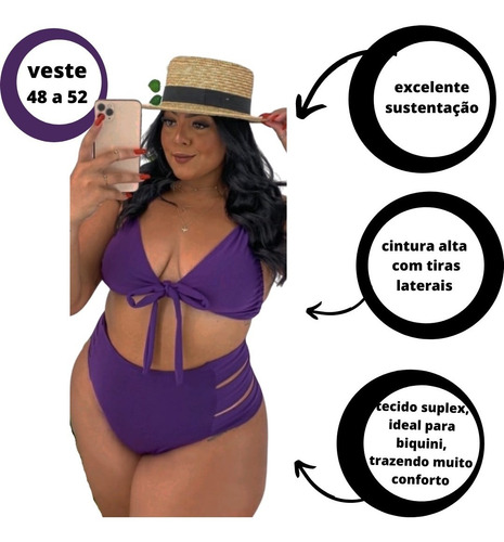 Imagem 2 de 2 de Biquini Plus Size Preto Cintura Alta Tiras Laterais Hot Pant