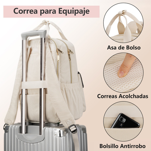 Mochila Corduroy Matein Urbana 30 L Portalaptop 15.6 Mujer Color Beige Diseño De La Tela Liso