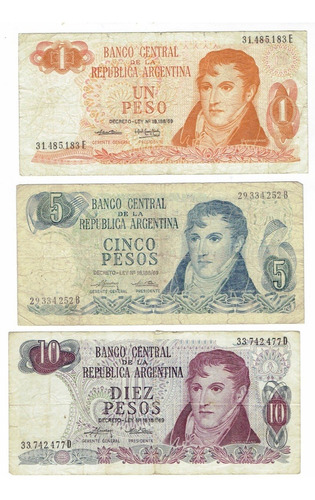 Billetes (3) De Argentina, 1, 5 Y 10 Pesos. Jp