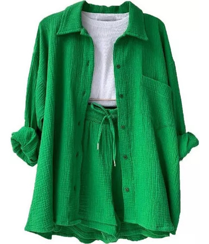Conjunto Casual De Camisa Con Solapa Y Pantalones Cortos De