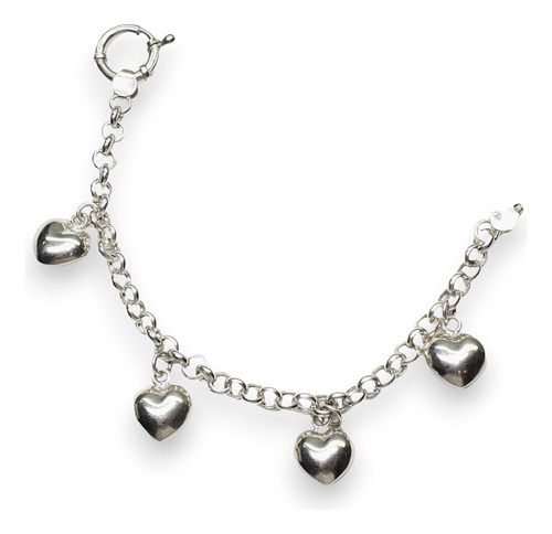 Pulsera Plata Con 4 Dijes Corazones X 19cm