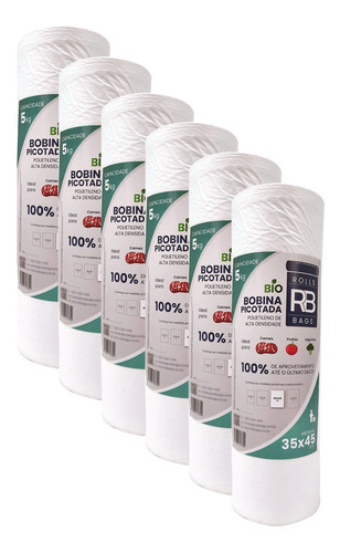 Kit 6 Bobina Plástico Picotado 35x45 Para 5kg Fundo Reto