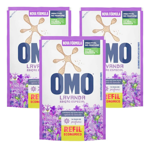 Lava Roupas Líquido Omo Lavanda 14 Dias Perfume 900ml Kit 3