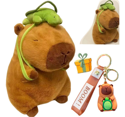 Muñeco De Peluche Capibara Con Mochila Y Llavero Con Tortuga