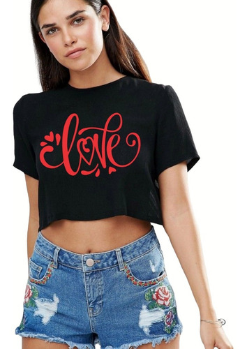  Blusa Crop Top Negro Suelto --- Love ---moda Mujer