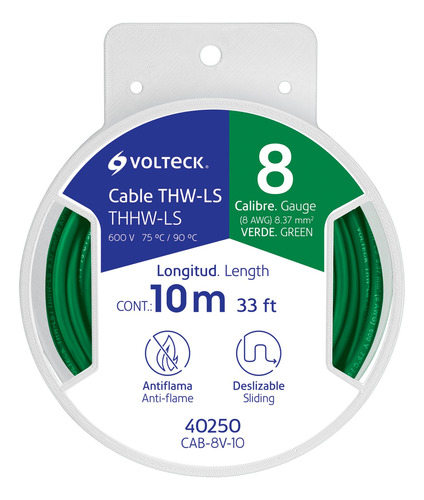 Carrete 10m Cable Thhw-ls 8awg Verde Volteck 40250