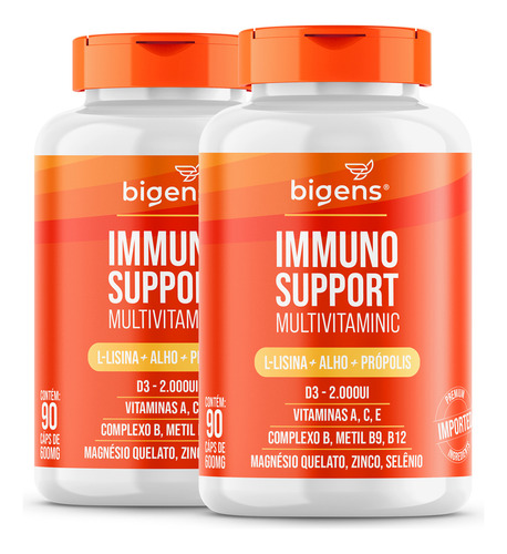 2x Multivitamínico Immuno Support: D3 2000 Ui + Vitaminas A, C, E + L-lisina + Alho + Própolis + Complexo B (b9, B12) + Magnésio Quelato, Zinco E Selênio - 180 Cápsulas Bigens