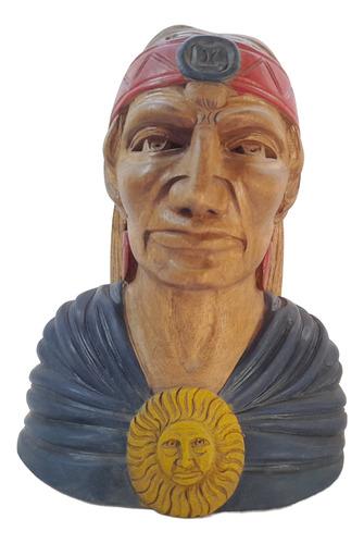 Busto Cabeza Indio Aborigen Tallada En Madera Policromada Marrón (Usado)