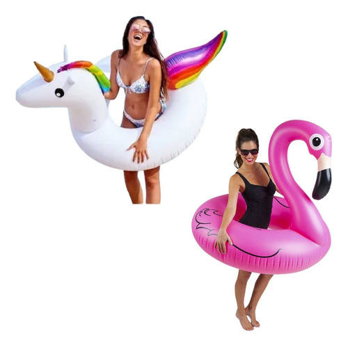 Kit Boia Flamingo E Unicórnio Adulto Inflável Super Grande
