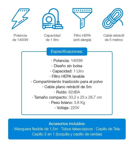 Imagen 3 de 7 de Aspiradora Nappo 1 Litro 1400w Filtro Hepa Lavable Negro