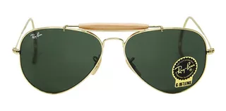 Óculos de sol Ray-Ban Aviator Outdoorsman Standard armação de metal cor polished gold, lente green de cristal clássica, haste polished gold de metal - RB3030