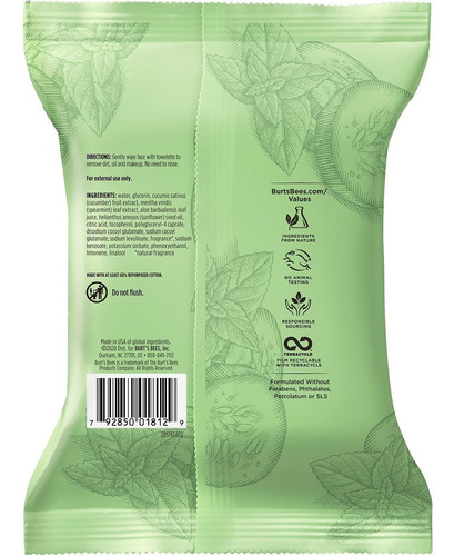 Imagen 3 de 5 de Toallitas Desmaquillantes Burt's Bees Pepino Y Salvia 30 Un