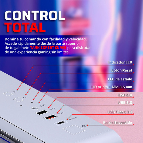 Gabinete Gamer Balam Rush Tank Expert Curve 7400 Atx Media Torre 4 Fan Cristal Templado Usb-c Argb Blanco Br-941600