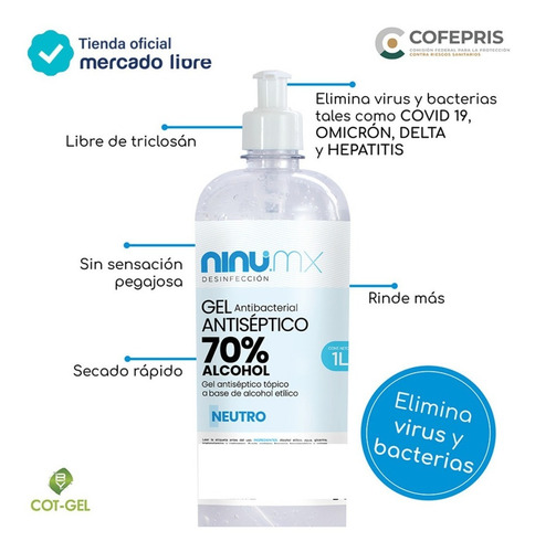 Imagen 4 de 4 de Gel Antibacterial Con Dosificador 1 Litro Con 70% Alcohol