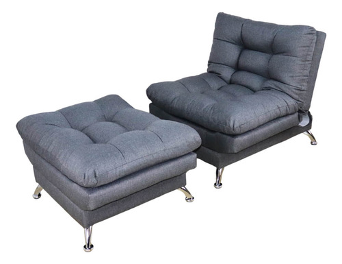 Sillón Con Taburete Futon Individual Sofa Cama Lino Hueso Color Oxford