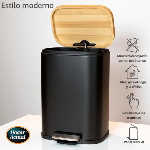 Cesto De Basura Rectangular Acero Tapa Bamboo 5 Lts Negro