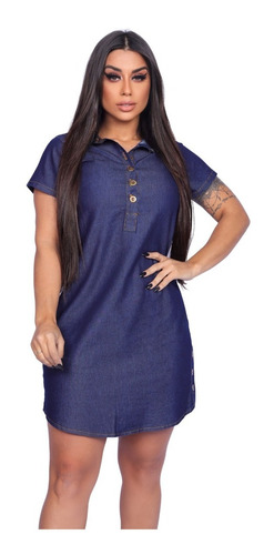 Vestido Jeans Feminino Chemise Evangélico S Lycra Manga Gola