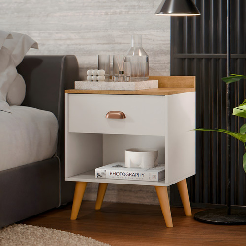 Mesa Criado 2 Bide Perola Conjunto Casal C/ Cabeceira Suede Brilhante Bege 1.40 / Off Freijo