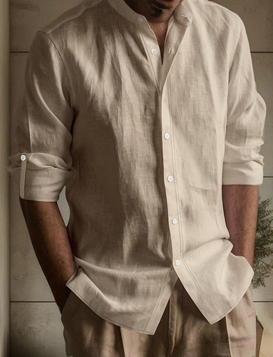 Camisa De Lino Transpirable Con Cuello Alto Y Manga Larga