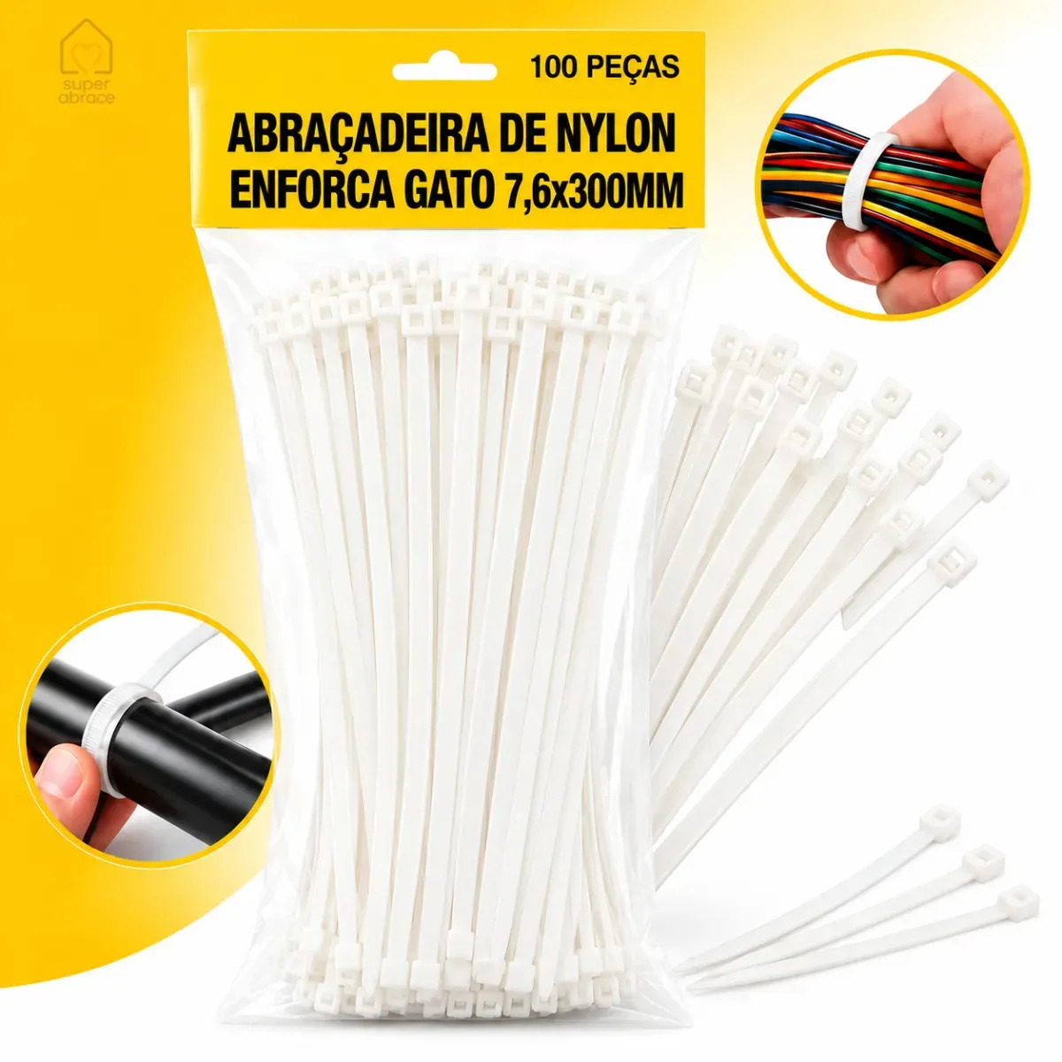 Abraçadeiras enforca gato Cinta Plástica Fita Enforca Gato Presilha Lacre tamanho 30cm x 7.6mm por 100 unidades Branco