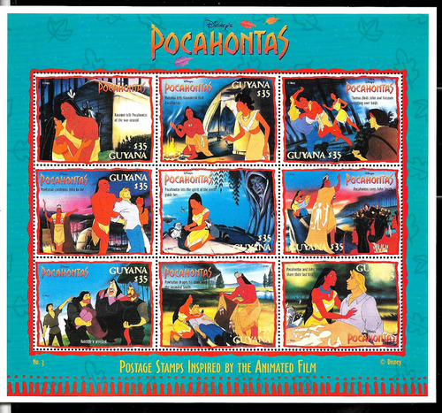 #19142 Estampilla Disney Guyana Pocahontas Minihoja Mint