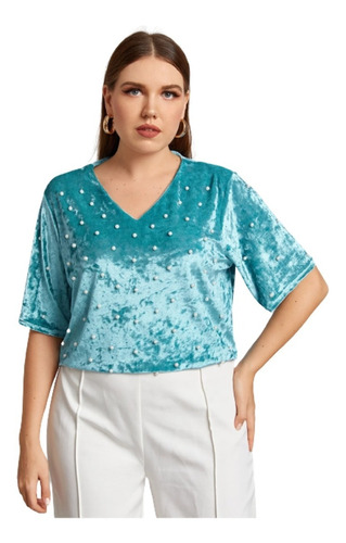 Blusa De Dama Elegante Terciopelo Con Perlas Tallas Grandes