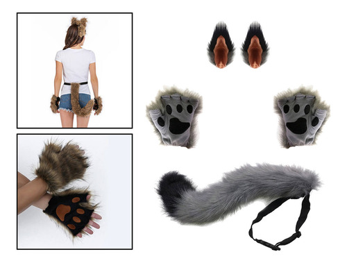 Conjunto De Guantes Y Orejas De Clip De Cola De Zorro Traje