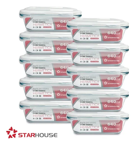 Kit 10 Potes Vidro 640ml Hermético Marmita Forno Refratário Star ...