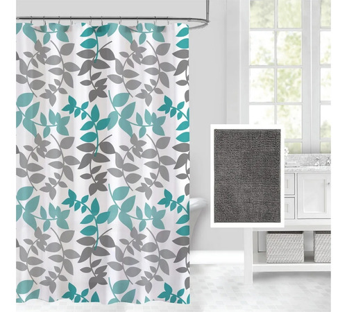 Set Combo Cortina Baño Estampada + Alfombra Shaggy + Ganchos Gris Oscuro
