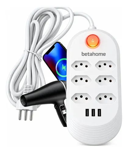 Filtro de Linha Betahome com 6 Tomadas e 3 USB para 2500W Bivolt
