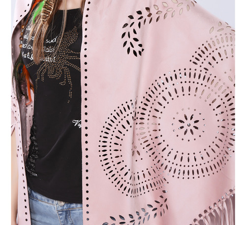 Poncho Aberto Com Franjas De Camurça Soltas Para Mulheres,