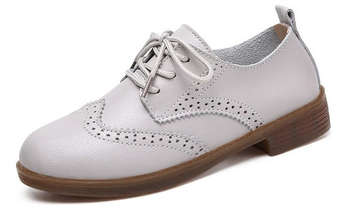 Cómodos Zapatos De Cuero De Tacón Bajo, Brogues