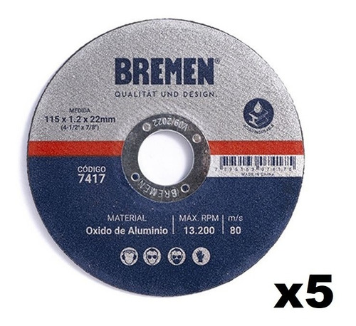 Disco Corte Metal Amoladora 115 X 1.2 Mm Bremen X 5 Unidades