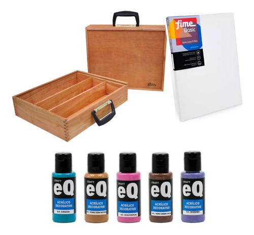 Kit Set Valija Madera Pintor 5 Acrilicos Eq Bastidor 24x30