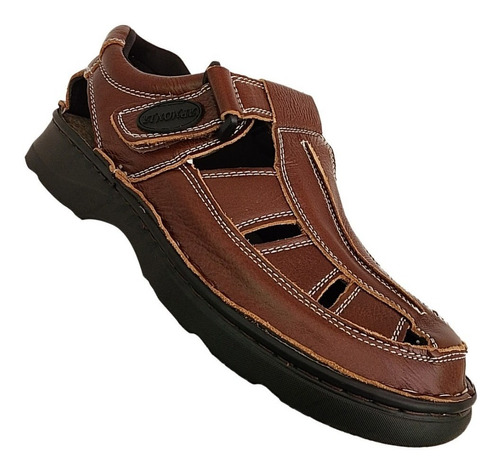 Sandalia Cuero Hombre Velcro Primavera Verano Marron 7012